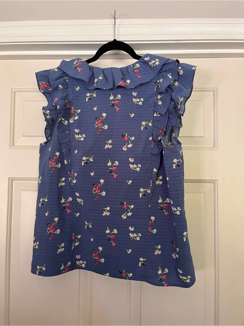 LOFT Blue Floral Ruffle Sleeveless Top